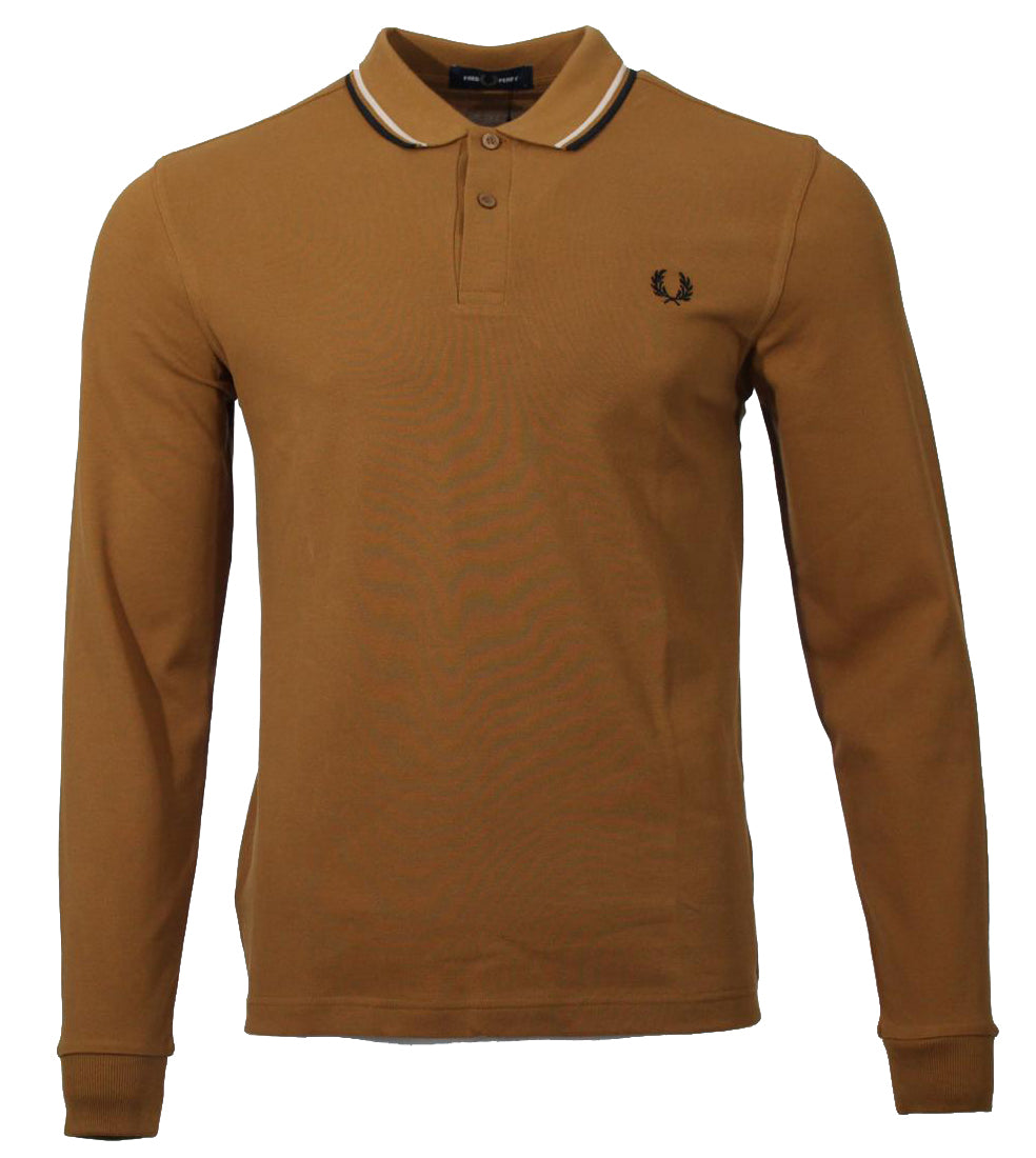 Fred Perry Langarm Polo - M3636- Caramel/Schwarz/Weiß